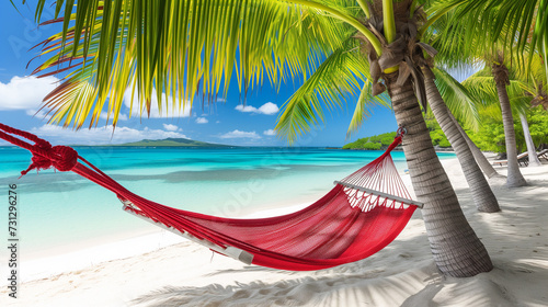 A red hammock hangs between palm trees on a white sand beach against a turquoise sea.
