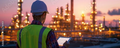 Male engineer working in the afternoon wearing work gear with tablet inside oil and gas refinery industrial plant in the afternoon for inspector safety quality control. photo