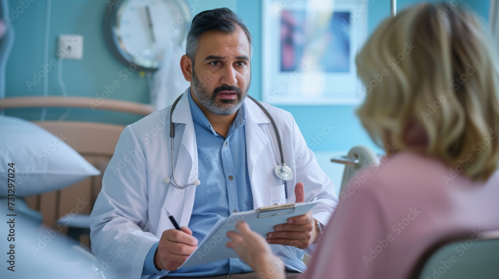 A male doctor holding a clipboard is consulting with a patient in a medical office.