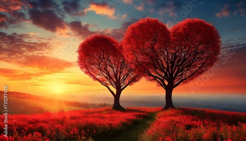 Two trees in the shape of red hearts on a beautiful field at sunset.