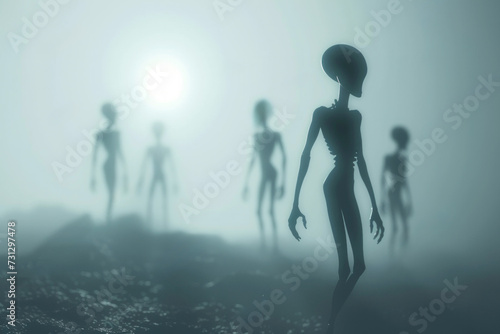 Silhouette of alien creatures emerging from a foggy landscape