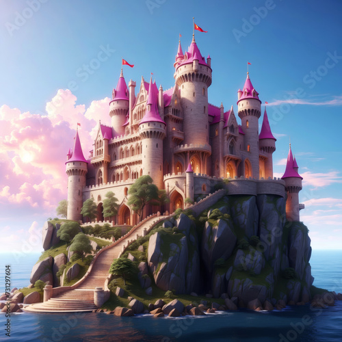 A pink castle on an island