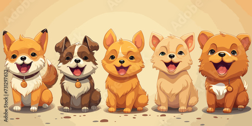 Kawaii Shiba Inu dogs in various poses. vector flat bright colors