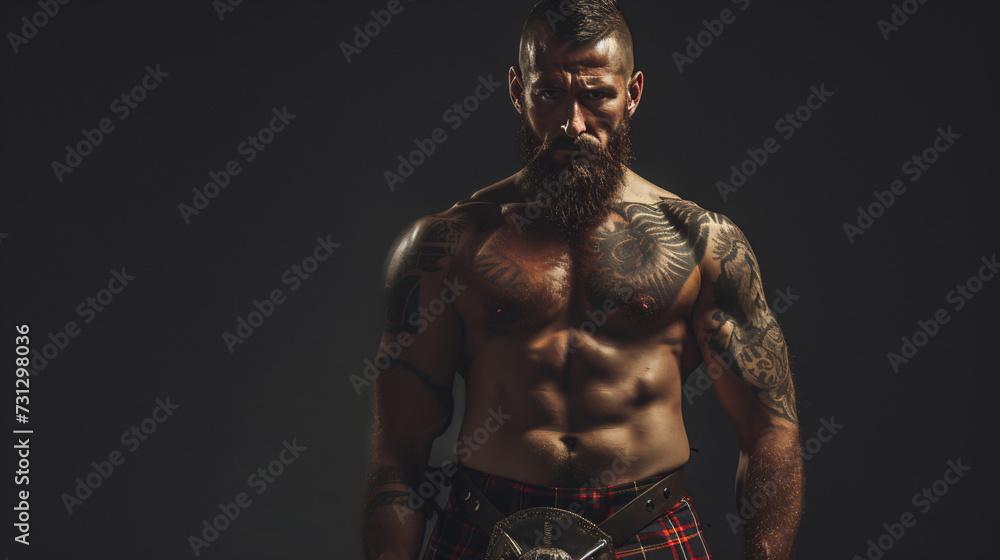 A formidable highland games athlete in his late 30s showcasing immense strength and unwavering cultural pride. He confidently wears a traditional kilt paired with a casual yet stylish T-shir