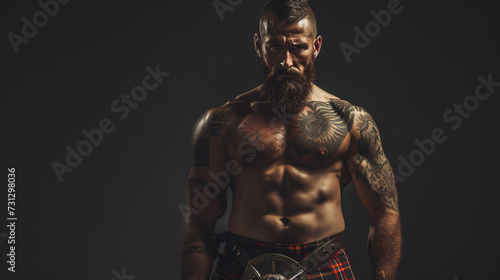 A formidable highland games athlete in his late 30s showcasing immense strength and unwavering cultural pride. He confidently wears a traditional kilt paired with a casual yet stylish T-shir