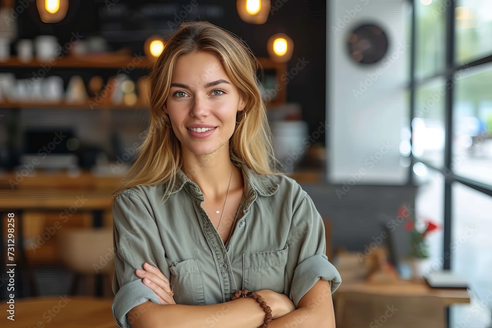 A confident woman sits at a table, arms crossed and a smile on her face, surrounded by furniture and walls in an indoor setting A confident woman sits at a table, arms crossed and a smile on her face, surrounded by furniture and walls in an indoor setting