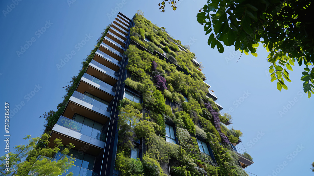 A stunning high-rise green building featuring lush living walls and innovative renewable energy systems, seamlessly blending nature and technology to minimize its environmental impact.