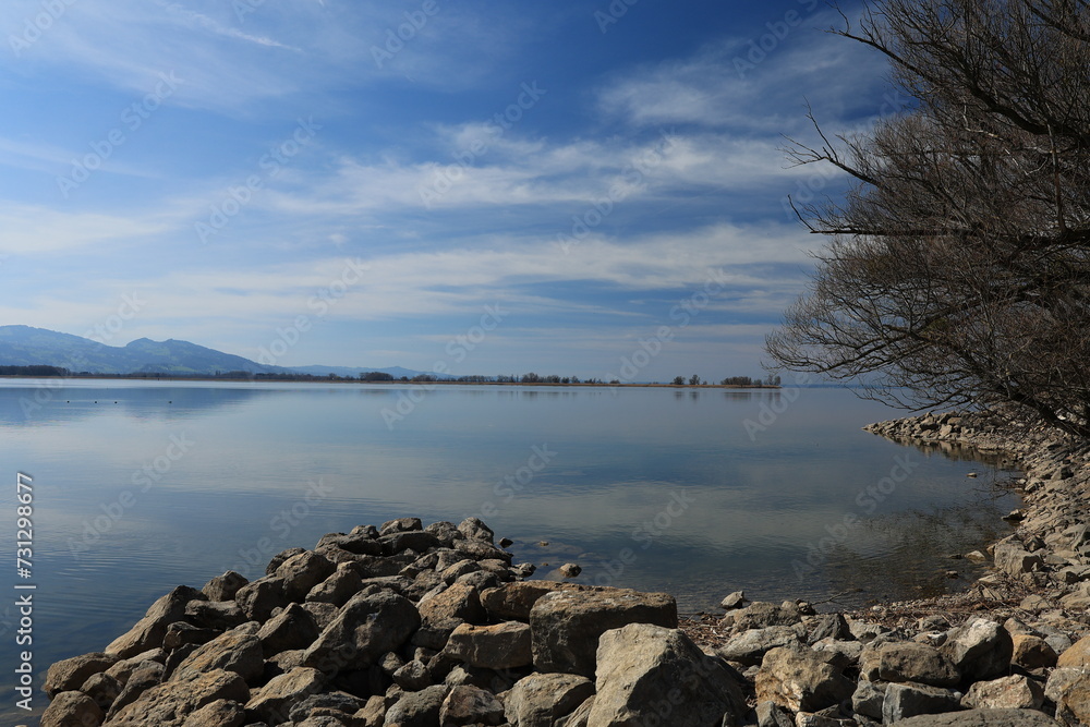 Blick auf die Naturlandschaft am Einlauf des Rheins in den Bodensee bei Hard in Österreich Blick auf die Naturlandschaft am Einlauf des Rheins in den Bodensee bei Hard in Österreich