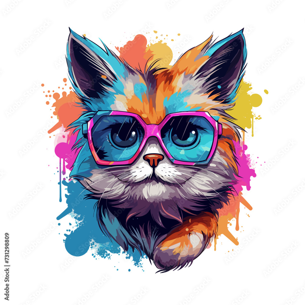 cute kawaii cat with glasses tshirt art, ready to print colorful graffiti illustration