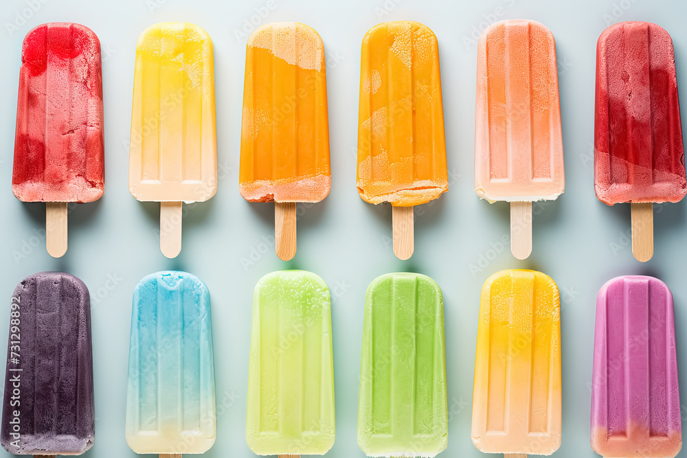 Colorful ice cream popsicles background. Top view. Generative Ai Colorful ice cream popsicles background. Top view. Generative Ai