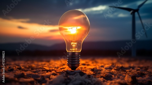 An artistic depiction of a lightbulb containing a small-scale sustainable environment, suggesting a harmonious balance with renewable wind energy sources.