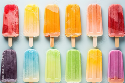 Colorful ice cream popsicles background. Top view. Generative Ai