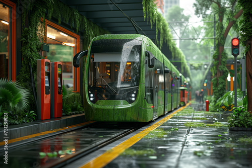 Green transportation technologies, including electric vehicles and efficient public transportation systems. Concept of sustainable mobility. Generative Ai.