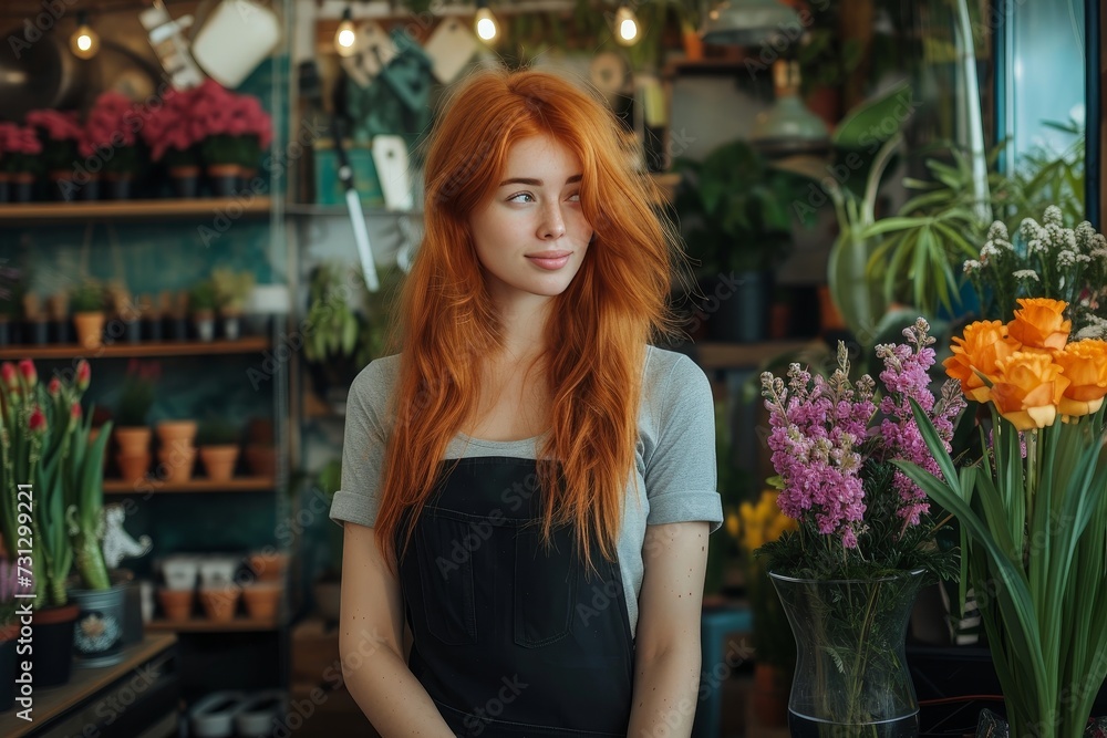 A vibrant redhead stands amidst an array of colorful flowers, her fashion-forward clothing mirroring the beauty of the floristry around her in the indoor shop