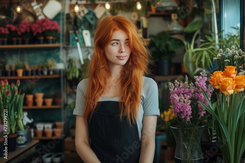A vibrant redhead stands amidst an array of colorful flowers, her fashion-forward clothing mirroring the beauty of the floristry around her in the indoor shop