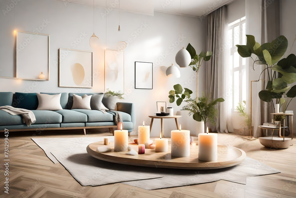 A room illuminated by a centered candle, surrounded by mockup elements that exude simplicity, beauty, and a touch of colorful charm. -