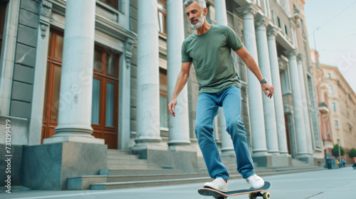 A mature man skateboards on an urban street, demonstrating balance and an active lifestyle against a backdrop of classic architecture.