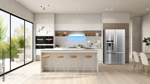 Streamlined kitchen with sleek, modern appliances beautifully connected to smart home technology. A seamless blend of convenience and elegance for a truly connected cooking experience.