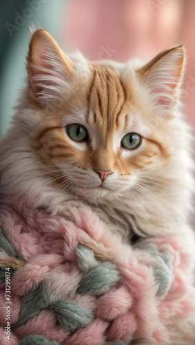 a beautiful kitten in a knitted vest surrounded by knitted items in pastel colors. Selective focus. Free space for text. © Sahaidachnyi Roman