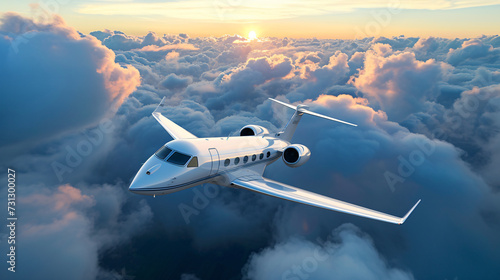 A mesmerizing aerial view of a cutting-edge luxury private jet, boasting a sleek and sophisticated design that exudes exclusivity and prestige. The pristine aircraft soars through the clear