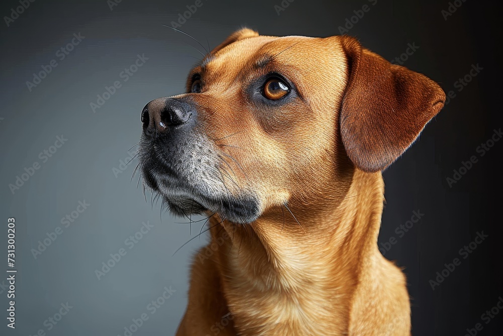This captivating close-up of a majestic brown dog, adorned with a stylish collar, captures the essence of a beloved indoor pet with its gentle snout and distinct features as a loyal mammal of a cheri