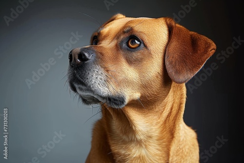 This captivating close-up of a majestic brown dog, adorned with a stylish collar, captures the essence of a beloved indoor pet with its gentle snout and distinct features as a loyal mammal of a cheri