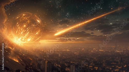 A meteor streaking across the sky, with a cityscape below unaware of the impending impact