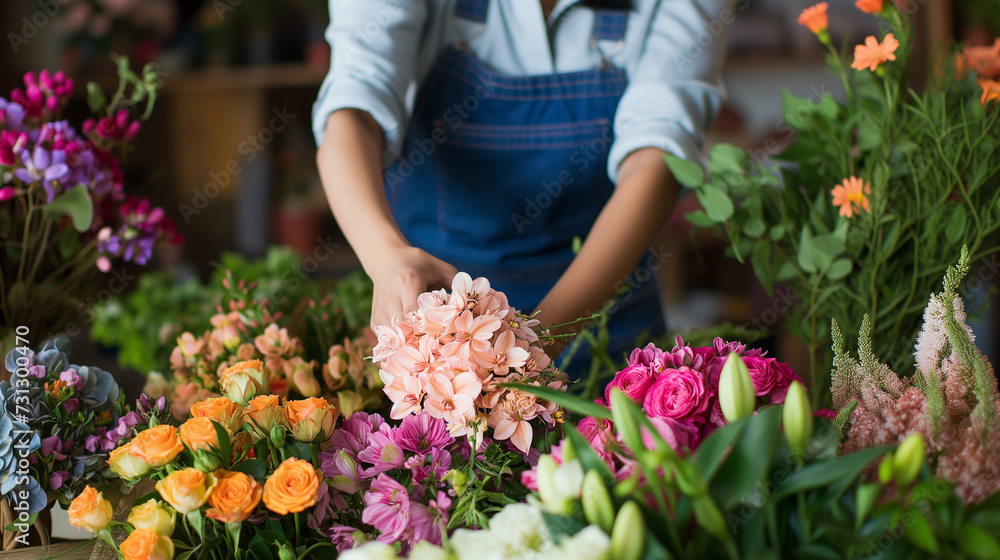 Female florist in a blue apron works in a flower shop. Master class in floral design, making flower arrangements. Flower delivery, ordering. Small business.