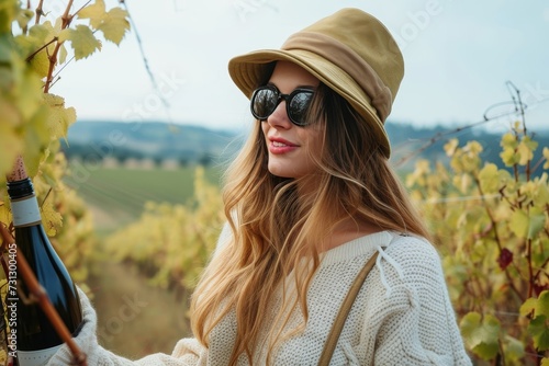 A stylish woman enjoys a glass of wine at an outdoor winery, donning a fashionable sun hat and chic sunglasses