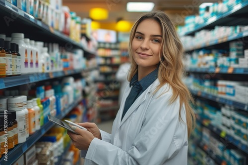 A poised woman stands confidently in a well-stocked pharmacy, equipped with a tablet and ready to assist customers with their healthcare needs