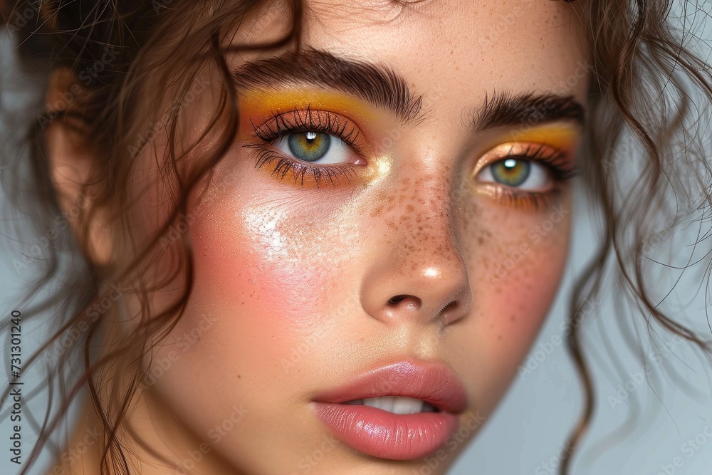 A closeup portrait of a girl with freckles and makeup, showcasing her beautiful eyes with long eyelashes and a perfect blend of eye shadow and eyeliner, as well as perfectly groomed eyebrows and glos