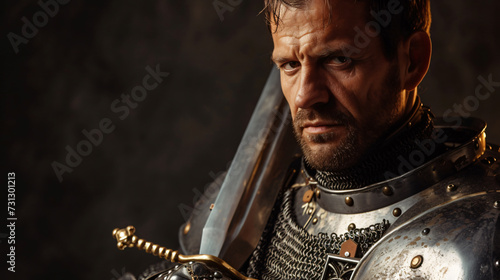 A gallant medieval knight reenactor  in his late 30s  exudes an air of noble bravery. Donned in gleaming full armor  complete with a shining helmet  he stands tall and proud  embodying the e