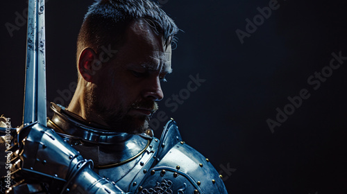 A gallant medieval knight reenactor, in his late 30s, exudes an air of noble bravery. Donned in gleaming full armor, complete with a shining helmet, he stands tall and proud, embodying the e