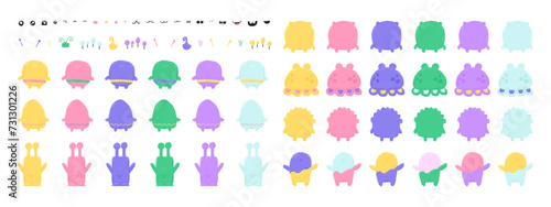 Character builder illustration of cute space monsters. Vector creator. Hand drawn flat cartoon elements