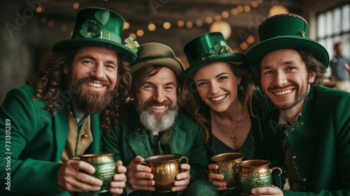 Playful portraits of individuals dressed as leprechauns, complete with green suits, hats, and pots of gold