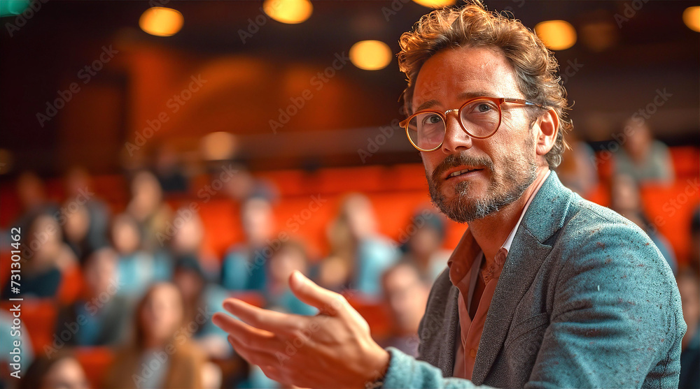 Businessman having a speech in front of big audience in conference hall, theatre. Learning and leisure concept Businessman having a speech in front of big audience in conference hall, theatre. Learning and leisure concept