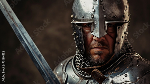 A gallant medieval knight reenactor in his late 30s, donning a suit of armor, exudes an aura of chivalrous valor. His noble appearance and unwavering determination bring history to life. photo