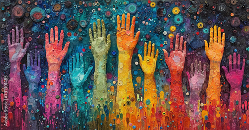 Many hands are tased up. Artistic painting of many hands,  rainbow colours. Togetherness, diversity concept
  photo