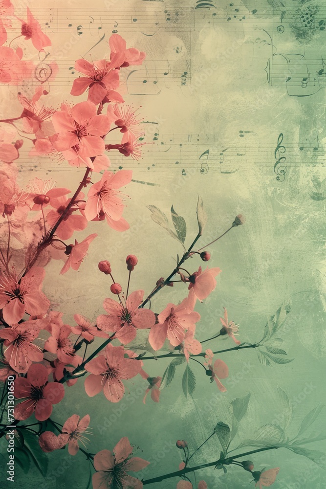 Pink Flowers Painting With Music Notes in the Background.  