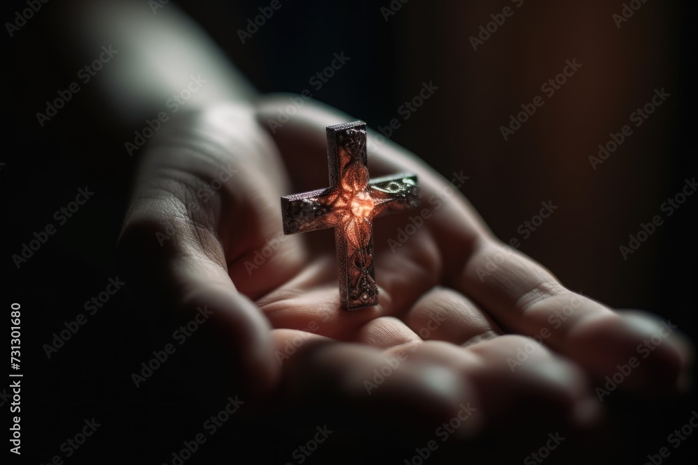 Closeup, a pair of hands gently cradle a delicate cross, casting a warm glow that highlights the fine details of the object, blurred focus Closeup, a pair of hands gently cradle a delicate cross, casting a warm glow that highlights the fine details of the object, blurred focus