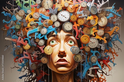 information overload. abstract woman face with brain, letters, numbers, and arrows
