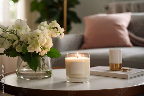 Aromatic burning candle stands on round table next to flowers in vase in room. Aromatherapy, spa, coziness and comfort, rest and relaxation