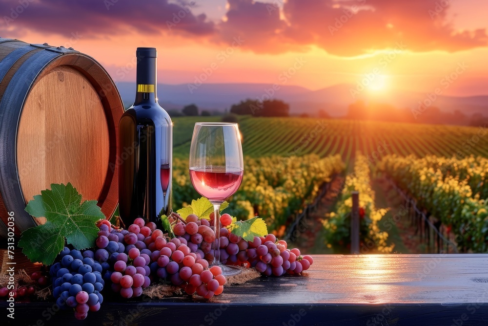 The rich aroma of wine fills the air as the sun sets over the vineyard, casting a golden hue on the table adorned with a bottle of wine, ripe grapes, and a delicate flower - obrazy, fototapety, plakaty 