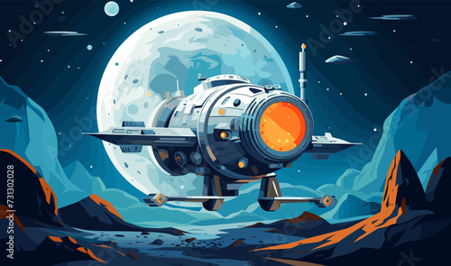 space ship on unknown planet orbit vector flat isolated illustration