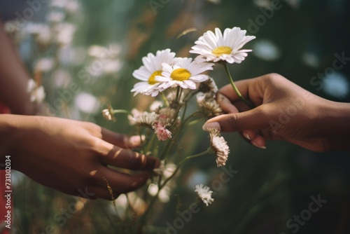 Sun kissed hands, teenage and adult, both African American, share the simple beauty of white daisies against a lush backdrop