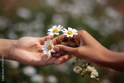 closeup of two interracial young people hands exchanging daisies symbolizing innocent love, blurred background