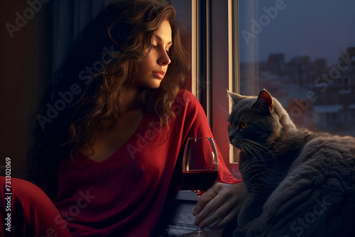 Young beautiful woman in red dress sits by evening window with glass of dry red wine. Beautiful fluffy cat is sitting next to it. Rest and relaxation, enjoyment or falling in love and sadness