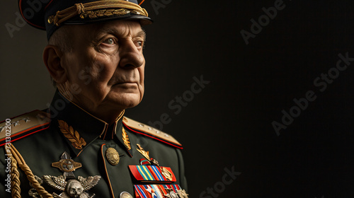 A distinguished military general in his late 50s embodies authority and power with a stern, commanding presence. His decorated uniform showcases his impressive achievements, adorned with num