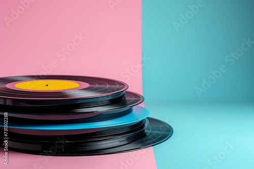 Stack of Black Records on Pink and Blue Background. 