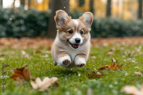 A lively corgi puppy frolics freely on a lush green lawn, embodying the joy and playfulness of our beloved canine companions in the great outdoors